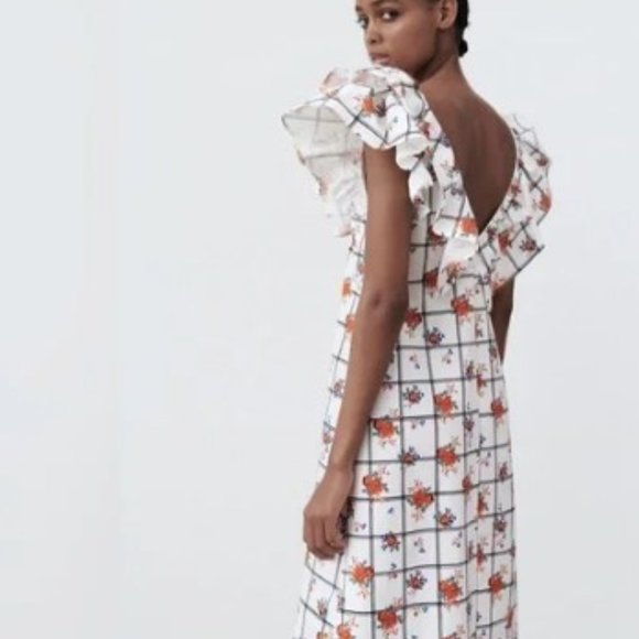 ZARA Floral White FLORAL PANE V-Neck Ruffle Midi Dress - Picture 2 of 8